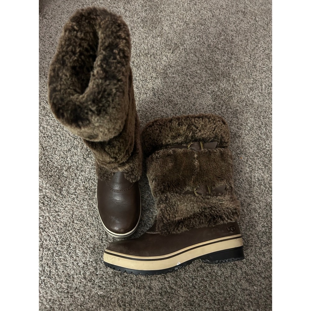 UGG Women's Size 6 Lilyan Brown Leather Faux Fur Tall Winter Boots Buckle